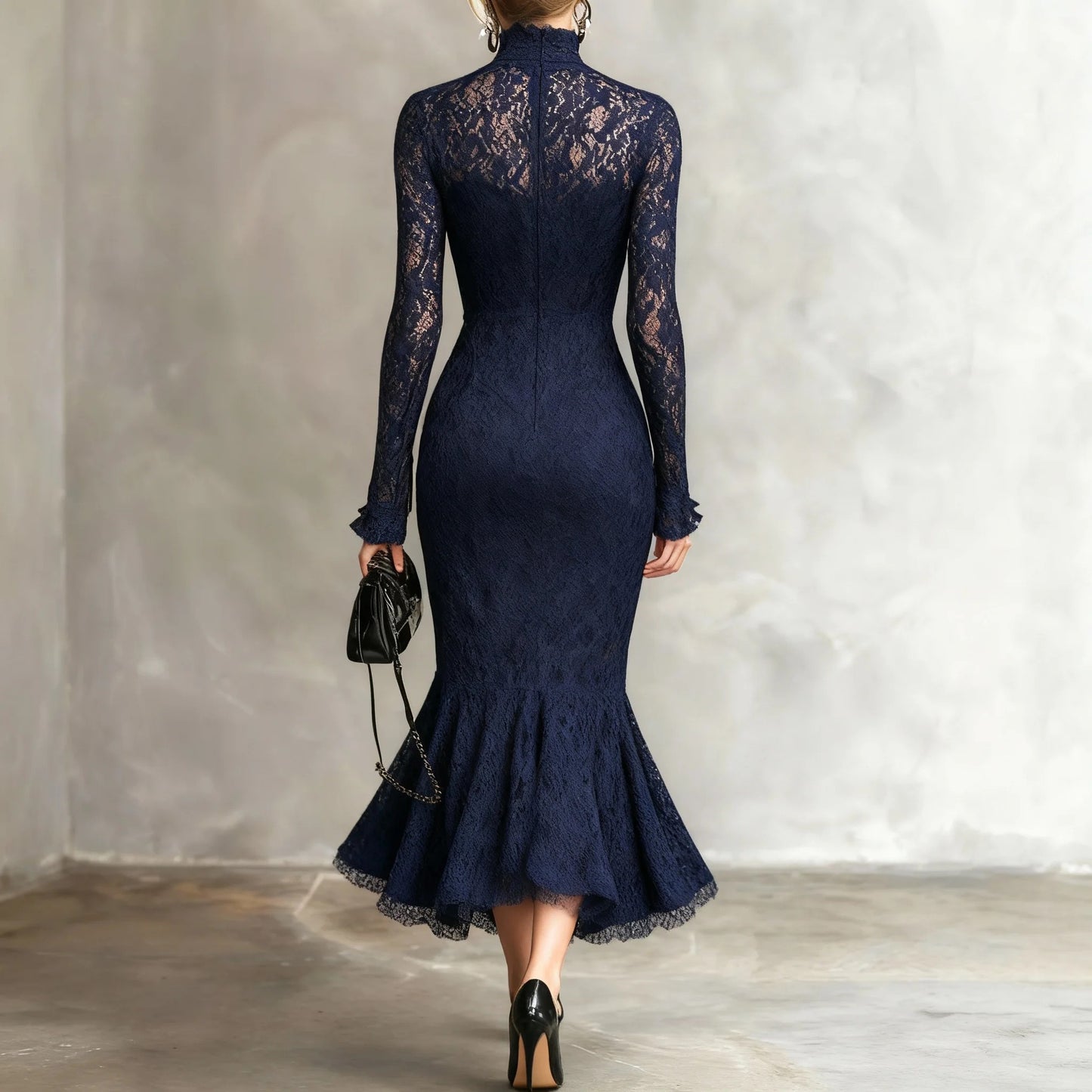 Elegant Party Navy Blue Stretch Lace Fishtail Maxi Dress