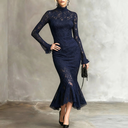 Elegant Party Navy Blue Stretch Lace Fishtail Maxi Dress