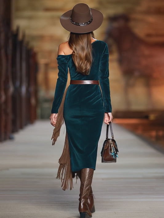 Western Green Faux Suede One-Shoulder Slit Patchwork Tassel Midi Dress