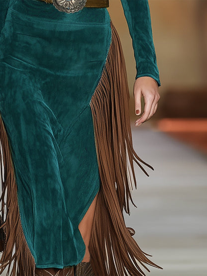 Western Green Faux Suede One-Shoulder Slit Patchwork Tassel Midi Dress