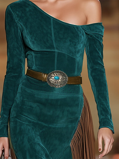 Western Green Faux Suede One-Shoulder Slit Patchwork Tassel Midi Dress