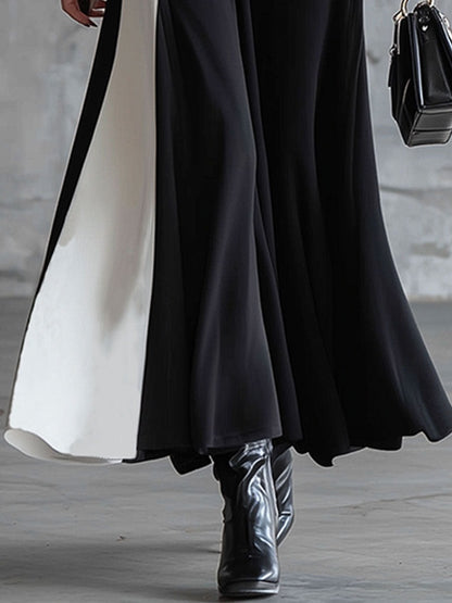 Fashionable Sporty Black And White Patchwork Hooded Half-zip Maxi Dress