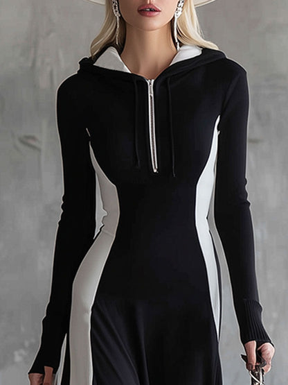 Fashionable Sporty Black And White Patchwork Hooded Half-zip Maxi Dress