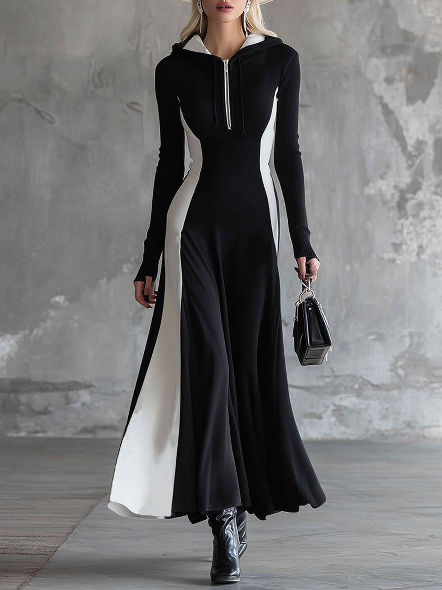 Fashionable Sporty Black And White Patchwork Hooded Half-zip Maxi Dress