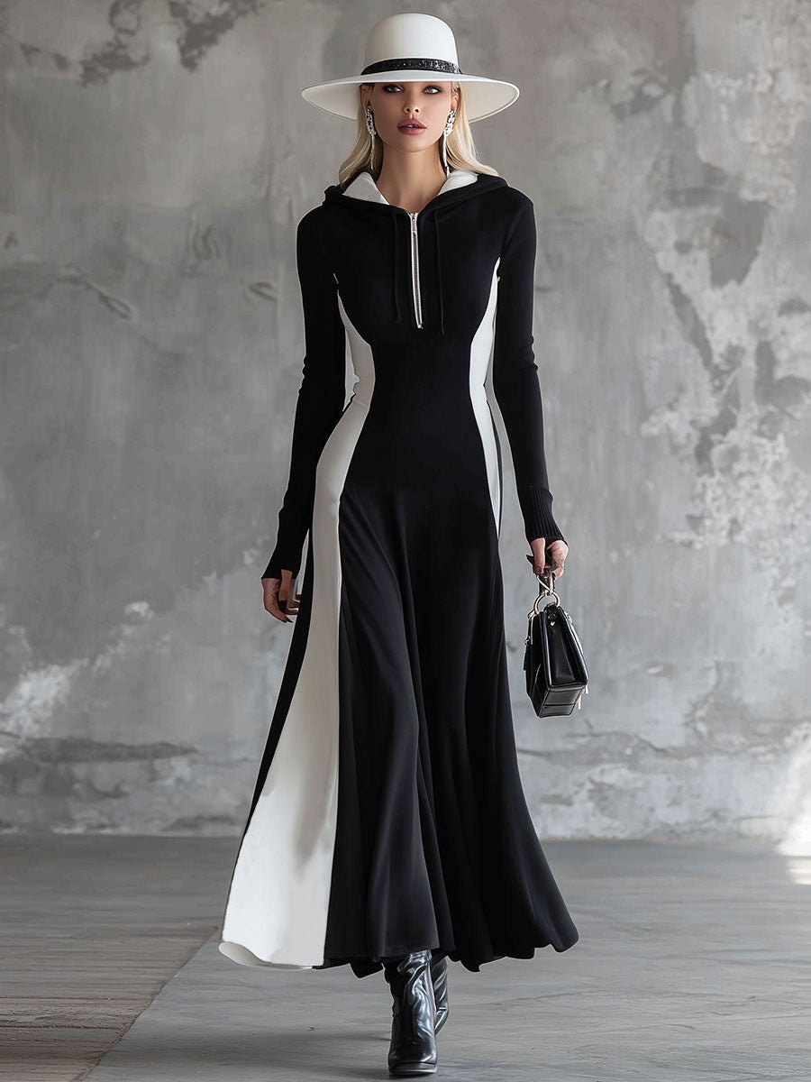 Fashionable Sporty Black And White Patchwork Hooded Half-zip Maxi Dress