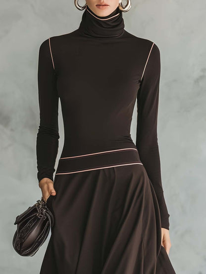 Retro Elegant Versatile High-necked Pink Trim Dark Brown Stretch Cotton Maxi Dress