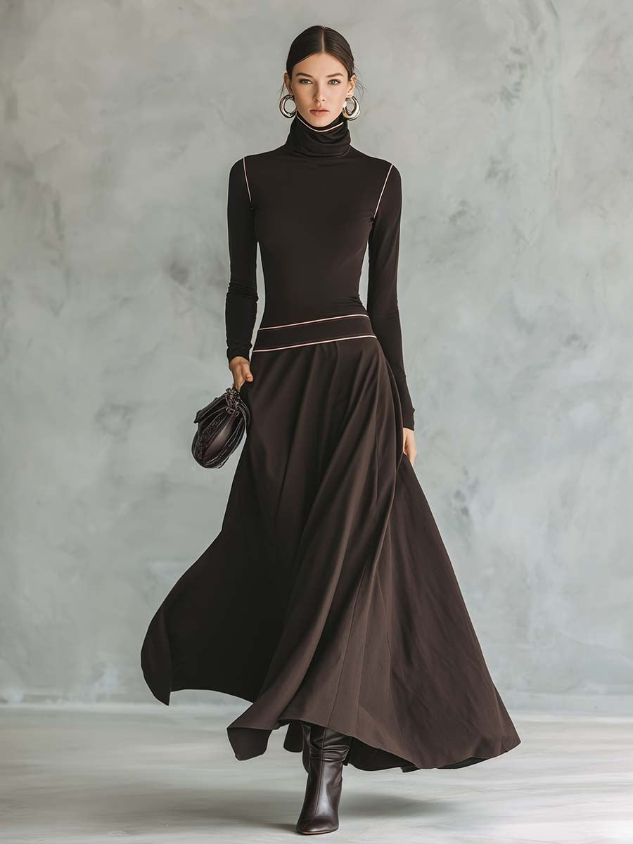 Retro Elegant Versatile High-necked Pink Trim Dark Brown Stretch Cotton Maxi Dress