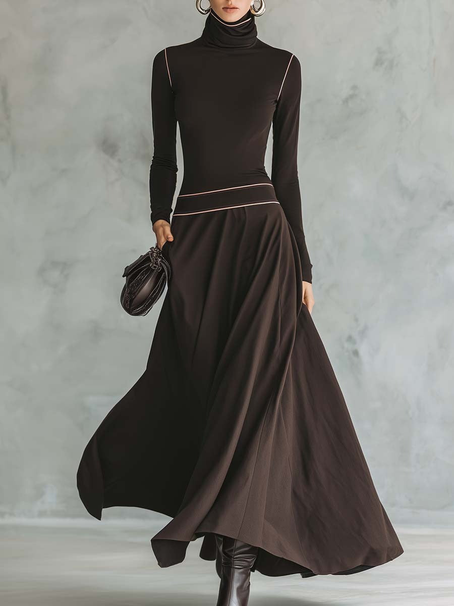 Retro Elegant Versatile High-necked Pink Trim Dark Brown Stretch Cotton Maxi Dress