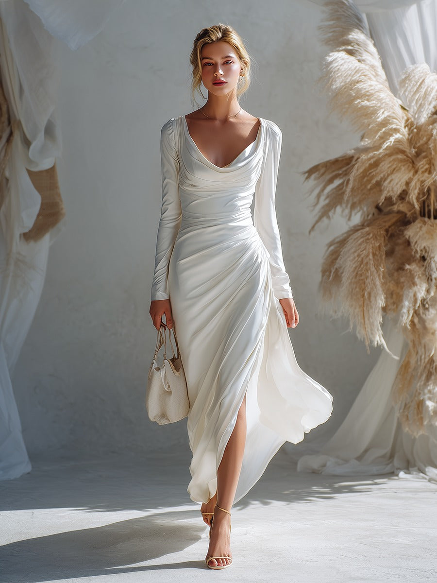 Romantic And Elegant Flowing Neckline White Matte Satin Maxi Dress