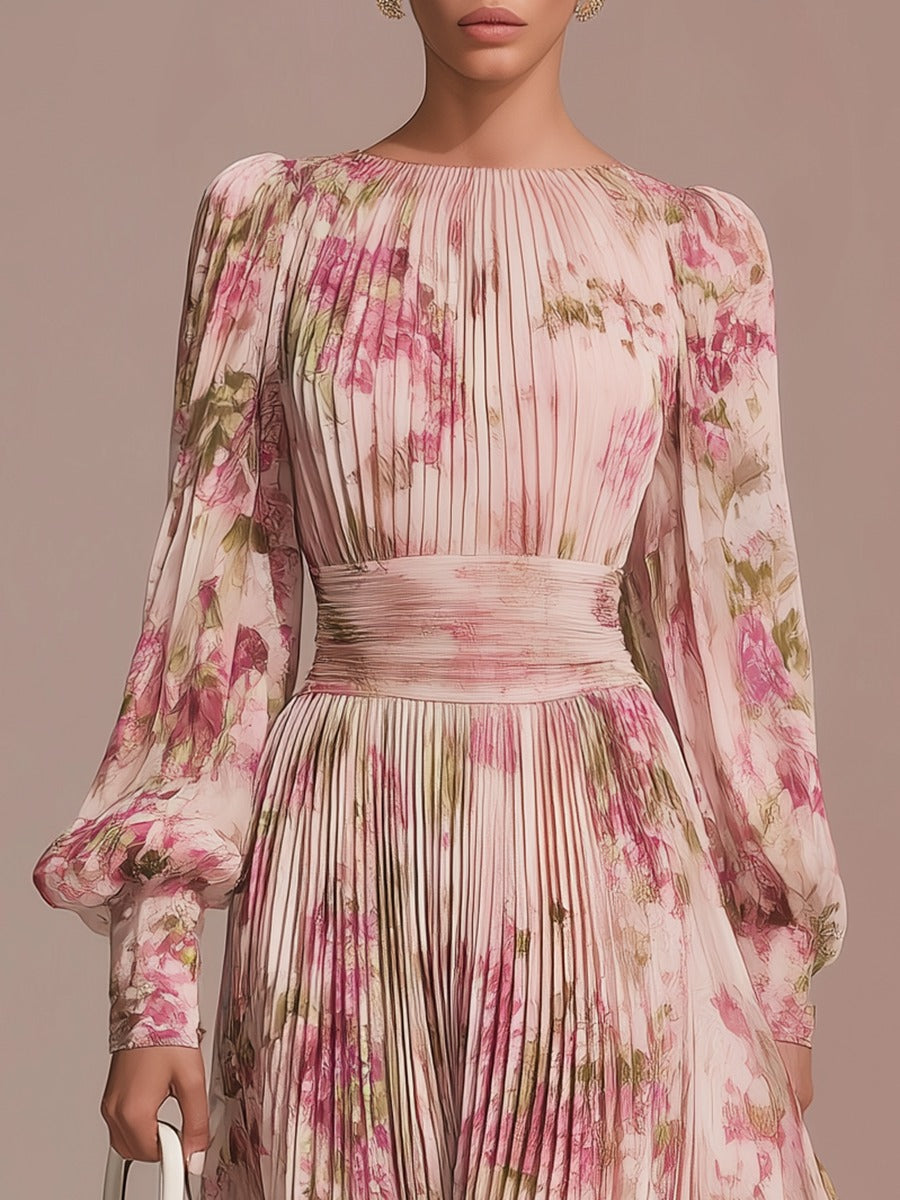 Elegant Floral Print Pleated Chiffon Maxi Dress