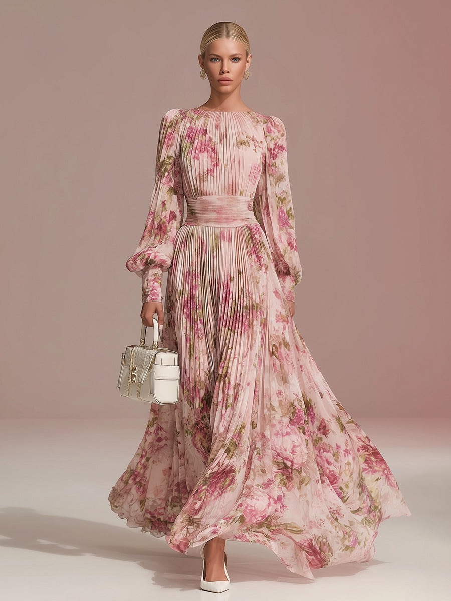 Elegant Floral Print Pleated Chiffon Maxi Dress