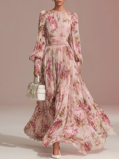 Elegant Floral Print Pleated Chiffon Maxi Dress