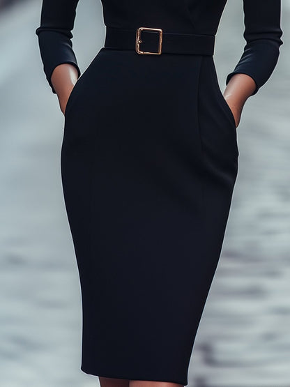 Refined Black Belted Sheath Dress With Mandarin Collar