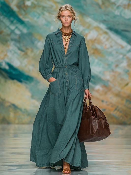 Retro Casual Fashion Lapel Long Denim Dress
