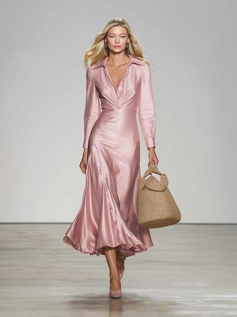 Pink Satin Plain Long Sleeve Midi Dress