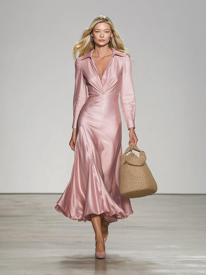 Pink Satin Plain Long Sleeve Midi Dress