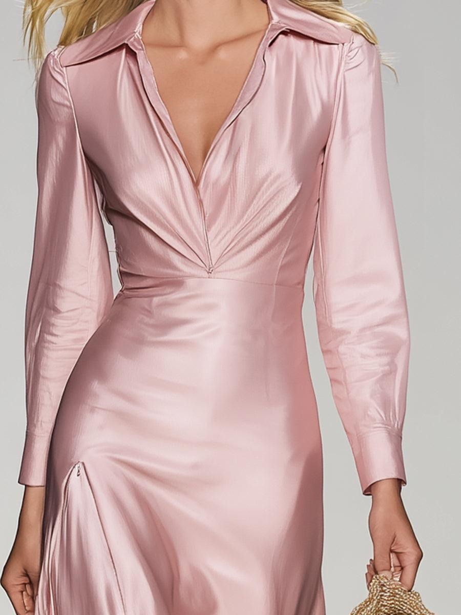 Pink Satin Plain Long Sleeve Midi Dress