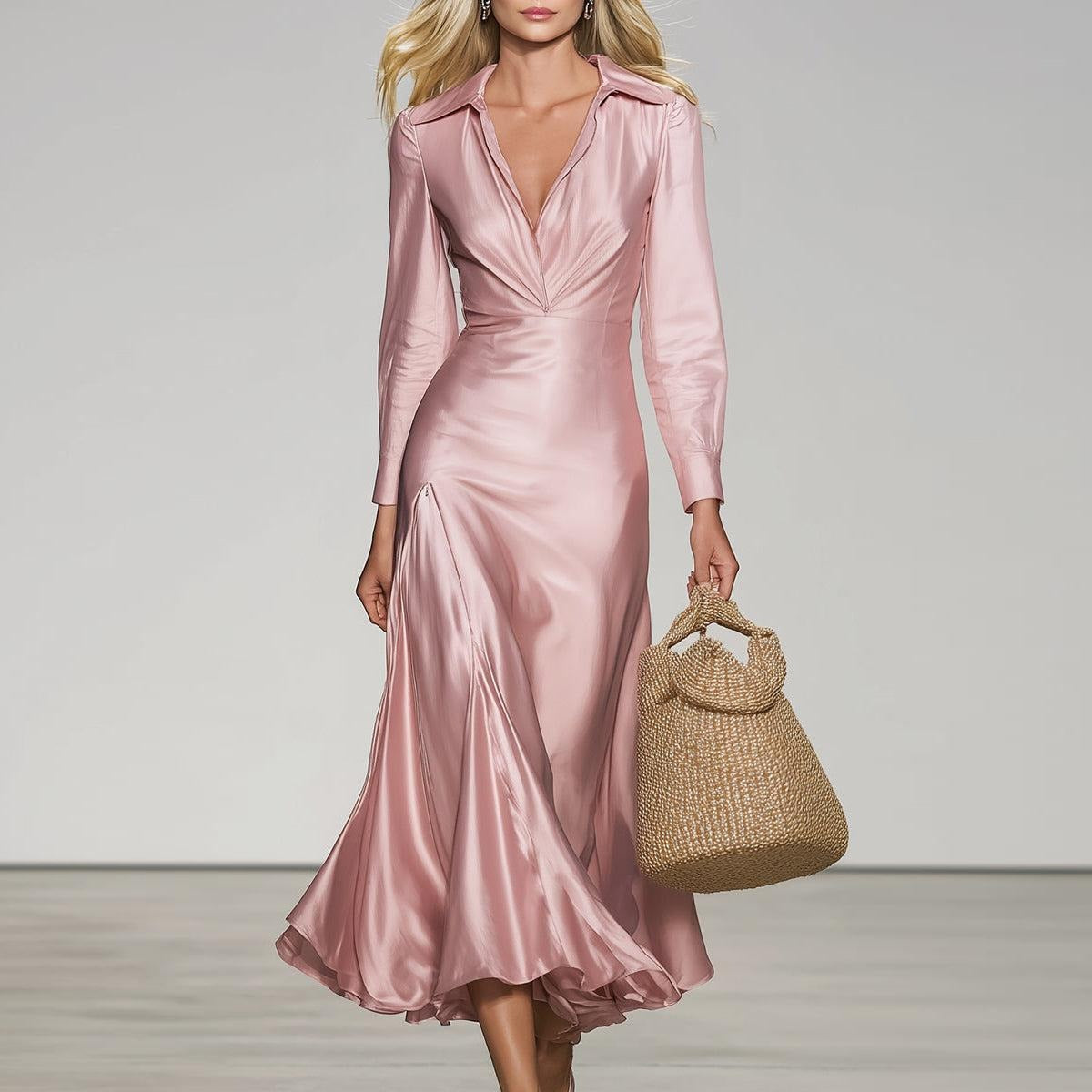 Pink Satin Plain Long Sleeve Midi Dress