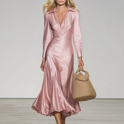 Pink Satin Plain Long Sleeve Midi Dress