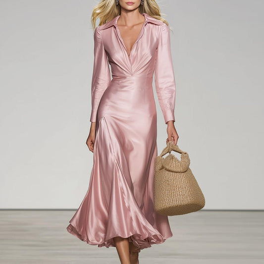 Pink Satin Plain Long Sleeve Midi Dress