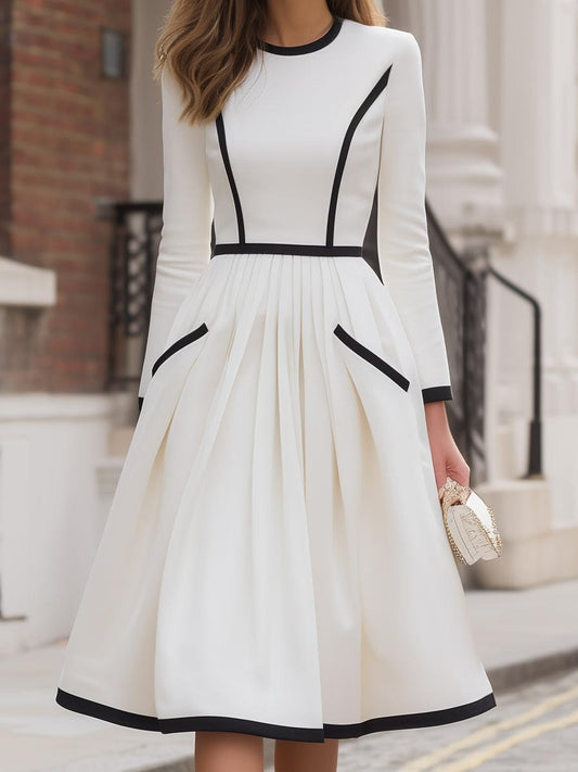 Chic Round Neck Color Block Midi Dress