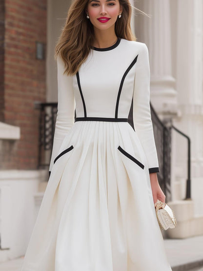 Chic Round Neck Color Block Midi Dress
