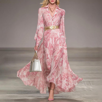 Romantic Floral Print Collar Maxi Dress