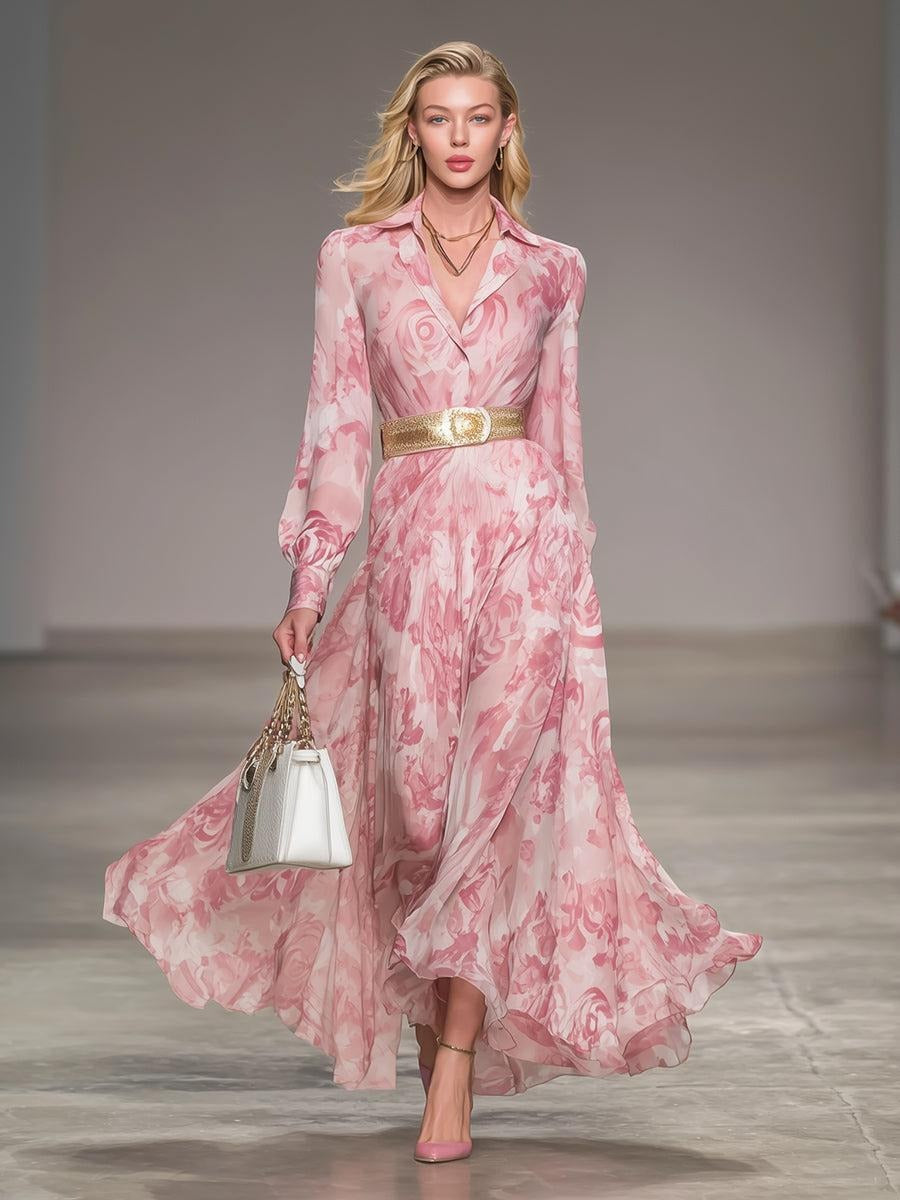Romantic Floral Print Collar Maxi Dress