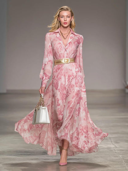 Romantic Floral Print Collar Maxi Dress