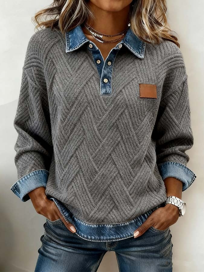 Grey Herringbone Knit Denim Collar Sweater
