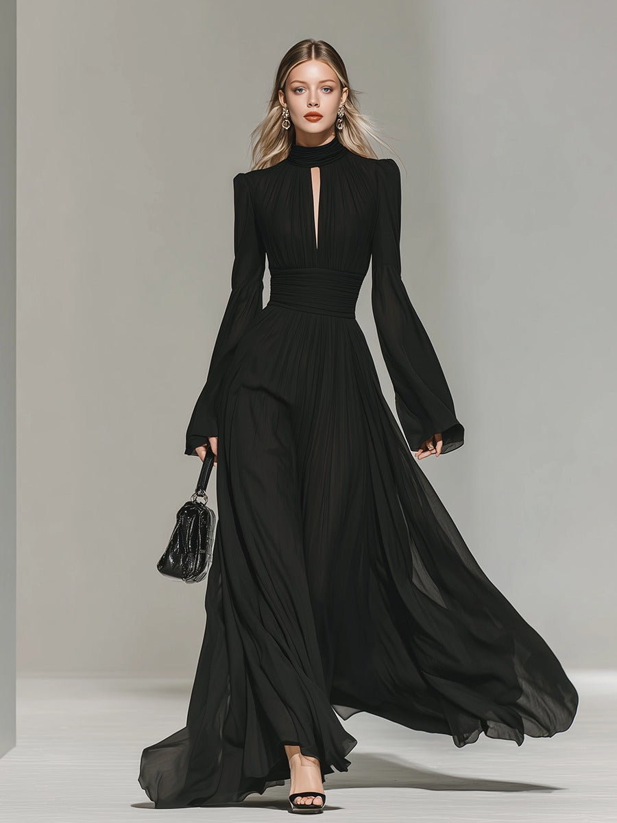 Retro Elegant Stand-up Collar Chiffon Maxi Dress