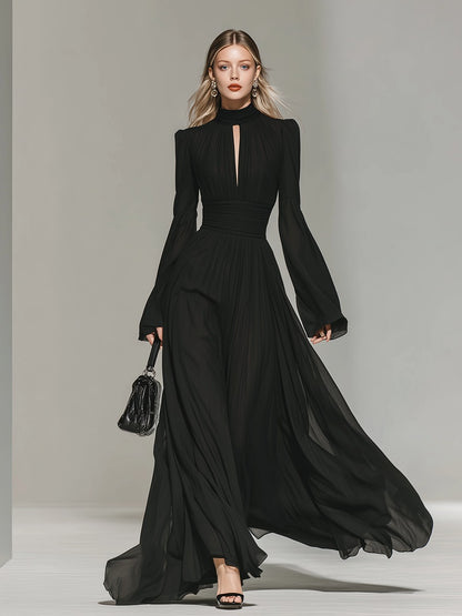 Retro Elegant Stand-up Collar Chiffon Maxi Dress