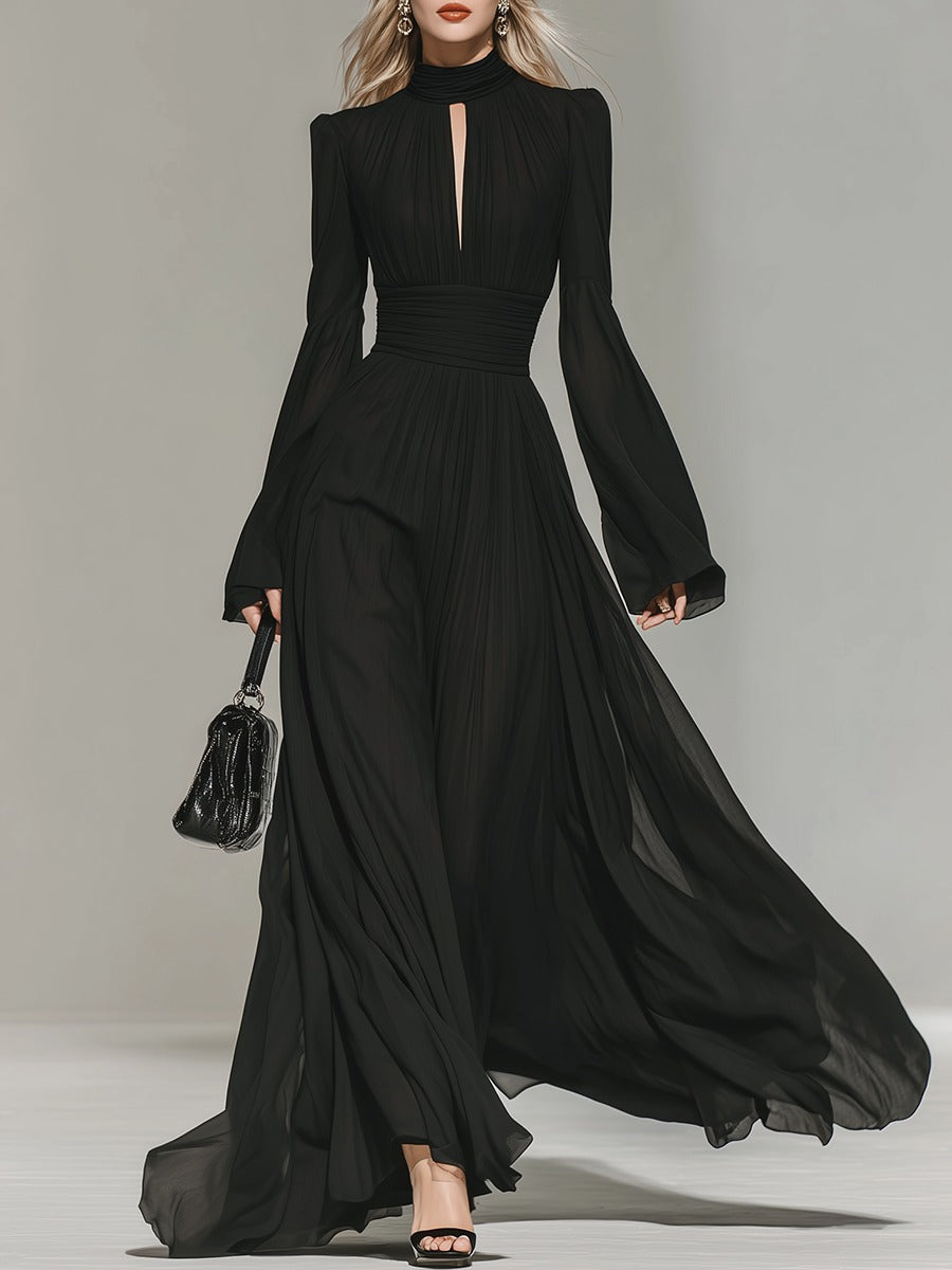 Retro Elegant Stand-up Collar Chiffon Maxi Dress