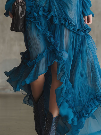 Elegant Vintage Blue Ruffled Chiffon Maxi Dress