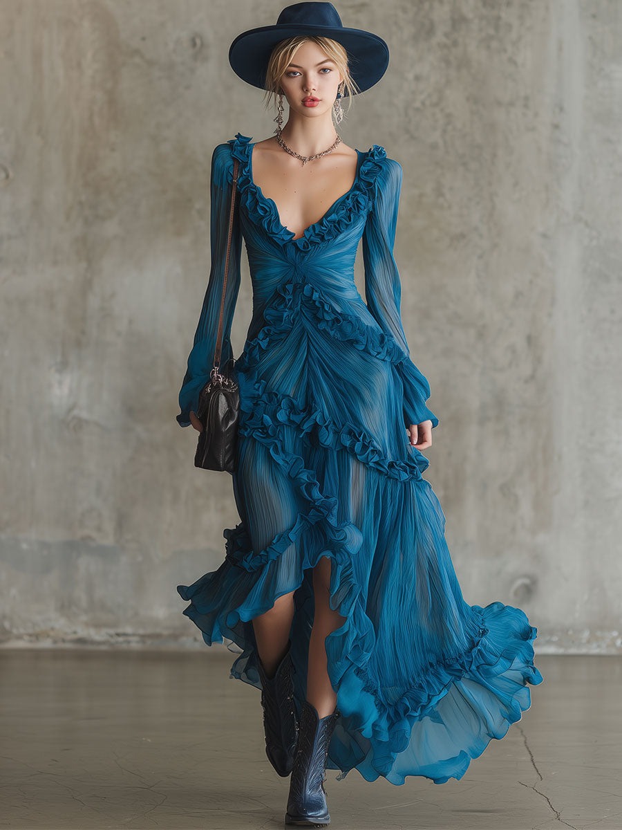 Elegant Vintage Blue Ruffled Chiffon Maxi Dress