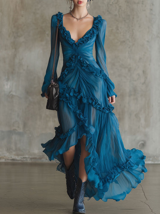 Elegant Vintage Blue Ruffled Chiffon Maxi Dress