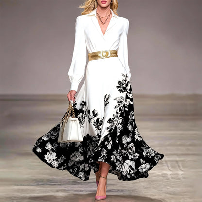 White Shirt Collar Satin Maxi Dress With Black & White Floral Print And Gold Belt