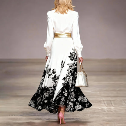 White Shirt Collar Satin Maxi Dress With Black & White Floral Print And Gold Belt