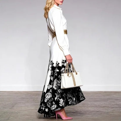 White Shirt Collar Satin Maxi Dress With Black & White Floral Print And Gold Belt