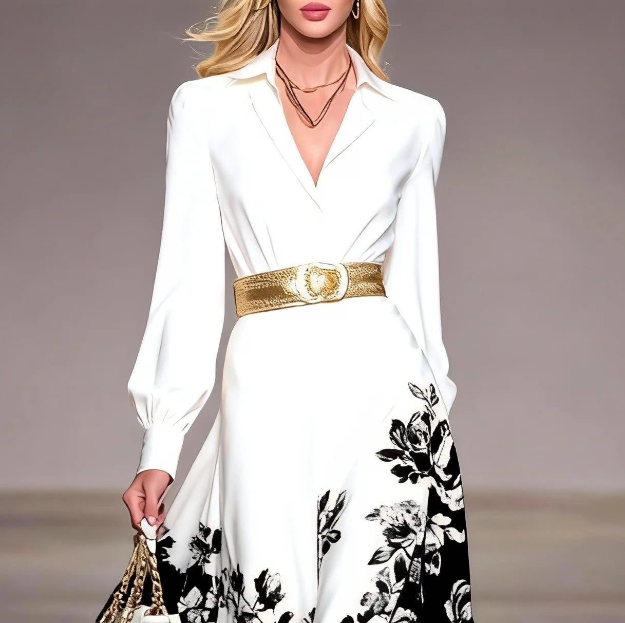 White Shirt Collar Satin Maxi Dress With Black & White Floral Print And Gold Belt