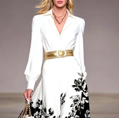 White Shirt Collar Satin Maxi Dress With Black & White Floral Print And Gold Belt