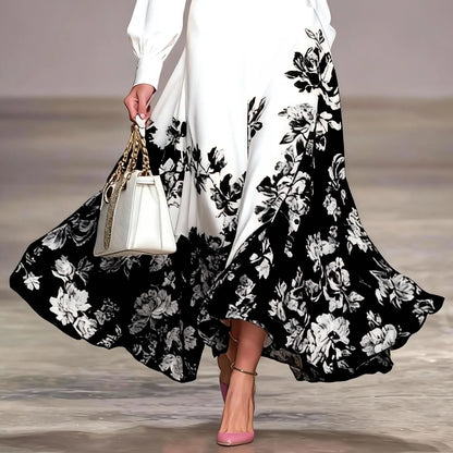 White Shirt Collar Satin Maxi Dress With Black & White Floral Print And Gold Belt