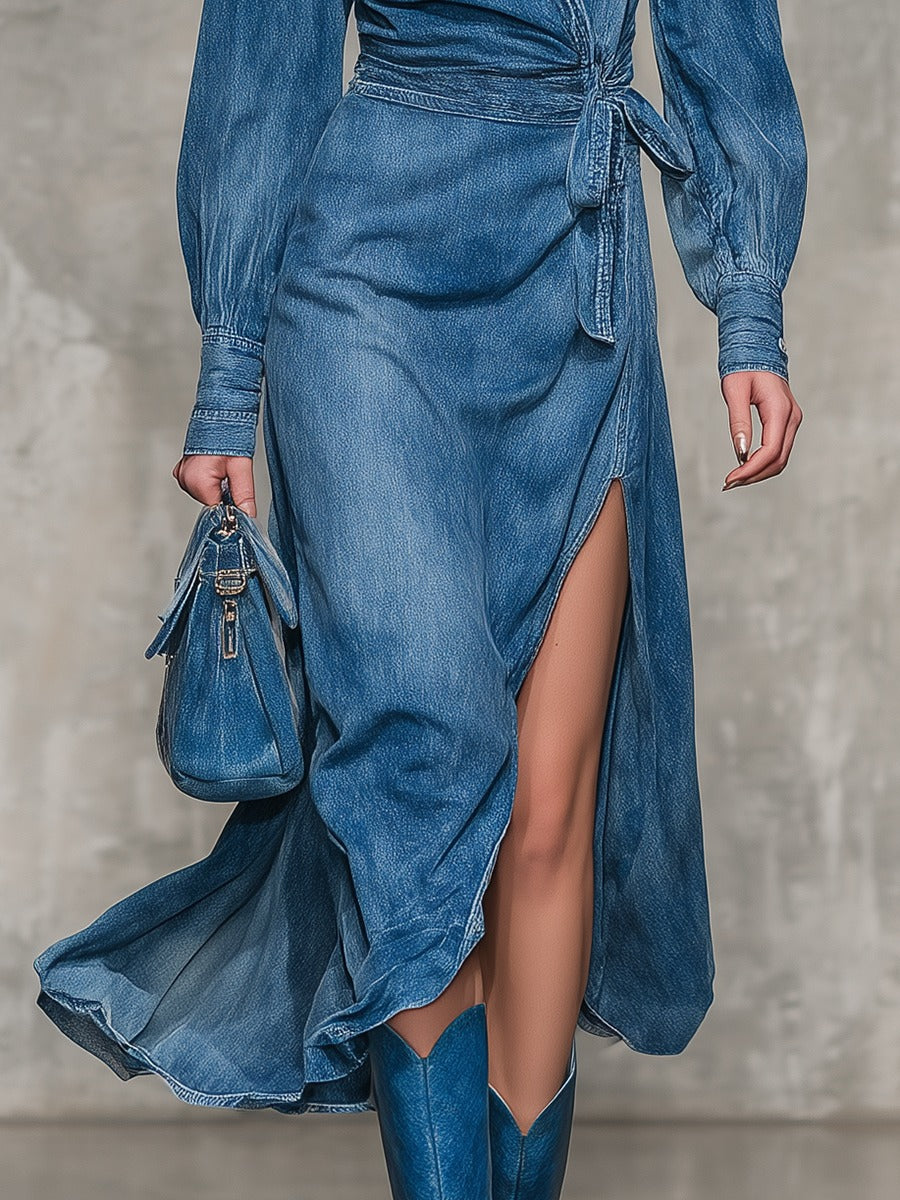 Retro Chogant Side-Slit Denim Midi Dress