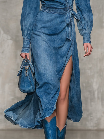 Retro Chogant Side-Slit Denim Midi Dress