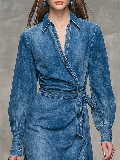 Retro Chogant Side-Slit Denim Midi Dress