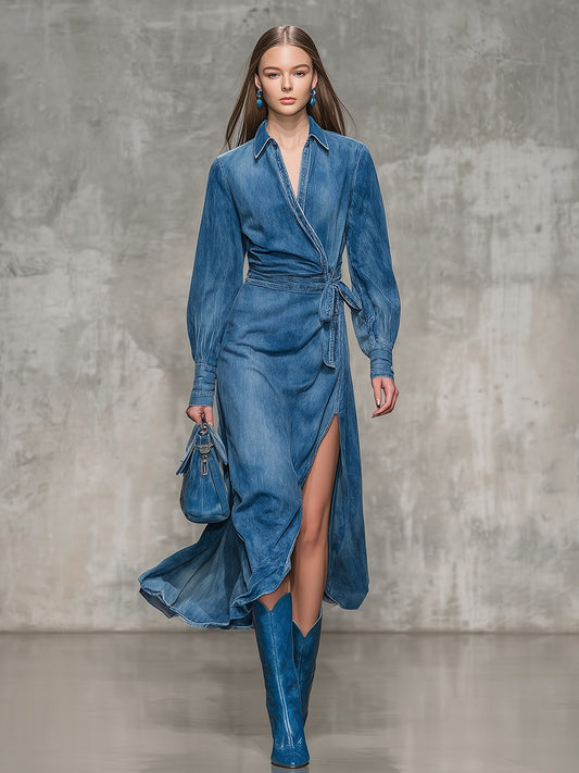 Retro Chogant Side-Slit Denim Midi Dress