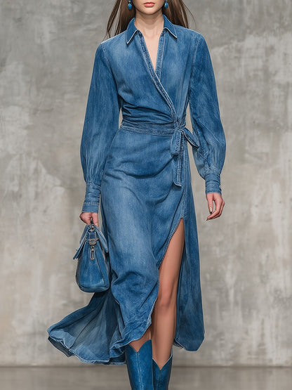Retro Chogant Side-Slit Denim Midi Dress