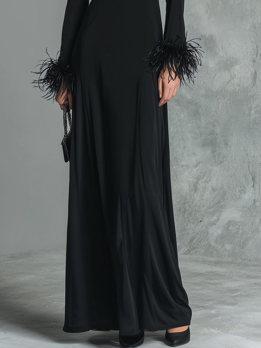 Retro Elegant V-neck Feather Cuff Trim Maxi Dress