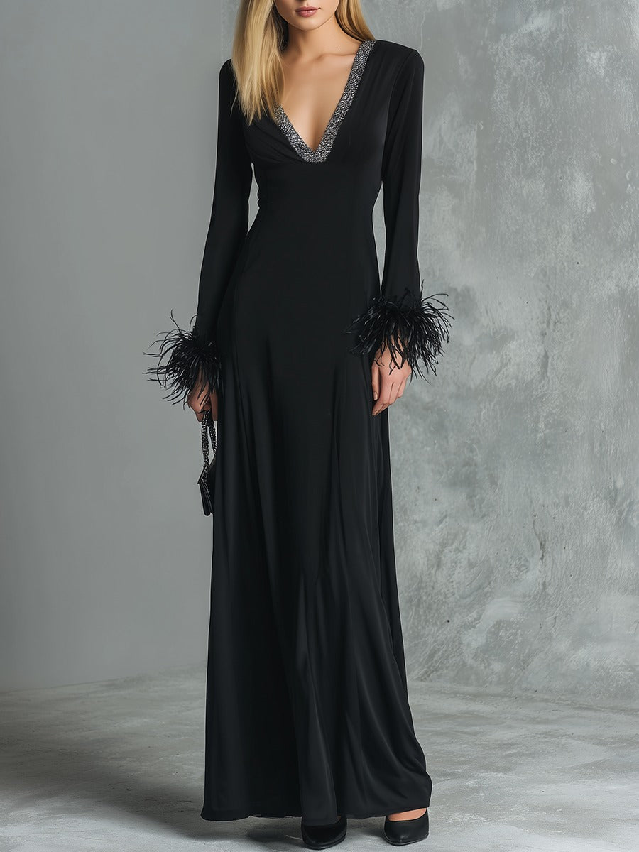 Retro Elegant V-neck Feather Cuff Trim Maxi Dress