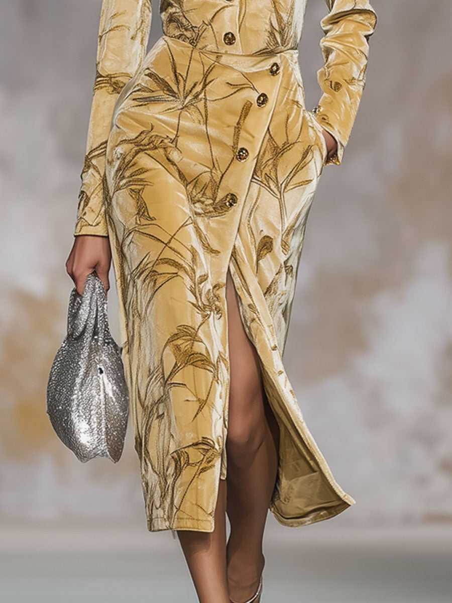 Retro Leaf Print Round Neck Velvet Button Midi Dress